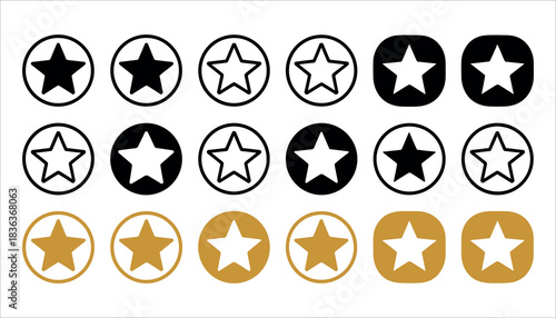 Collection of black and gold star icons in circles and rounded squares on white background rating icon