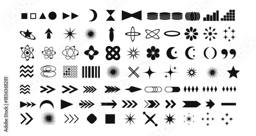 Collection of abstract geometric shapes and symbols black and white