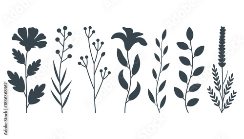 Collection of dark teal botanical silhouettes on a white background including flowers leaves and berries