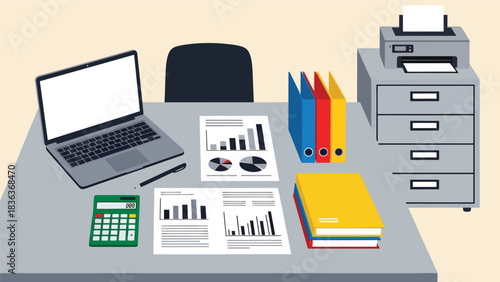 Flat vector interior of an engineering and architecture office with blueprint table, tools, and workstation. Ideal for technical design and construction planning topics