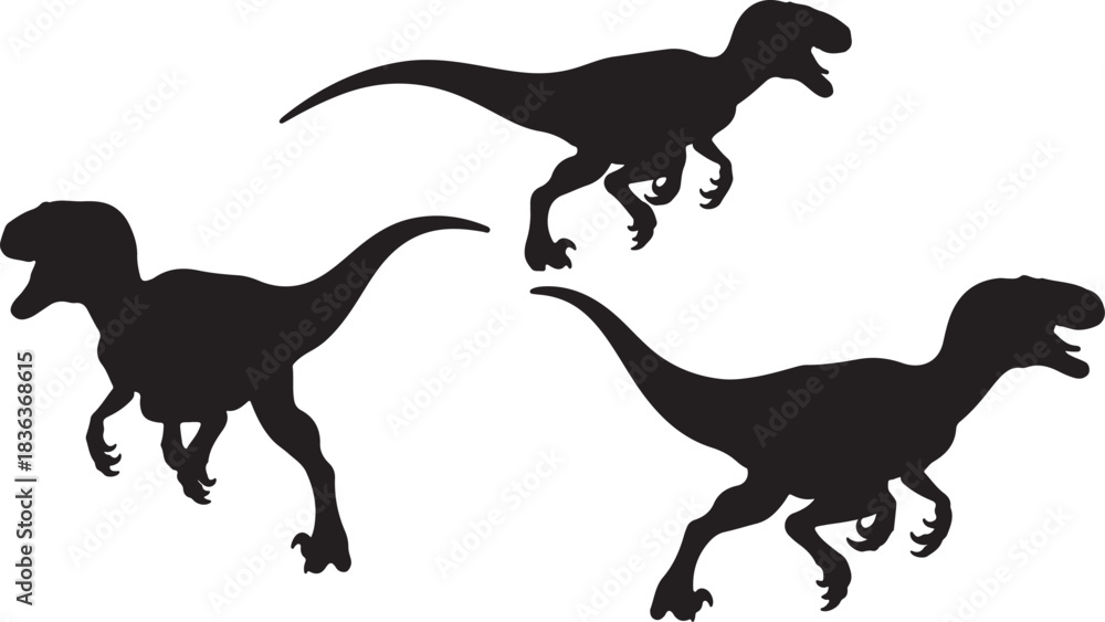 Naklejka premium Velociraptor Running Silhouettes – Dynamic Black and White Dinosaur Poses