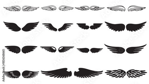 Minimalist Angel Wings Icon Set – Black and White Feather Wing Vector Collection