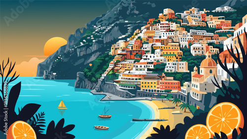 Positano Coastline Vector Illustration with Citrus Fruit Accent and Beach View