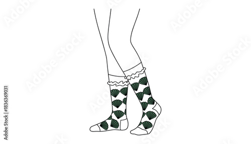 Line art illustration of legs wearing white socks with dark green fan shell pattern and ruffled cuffs