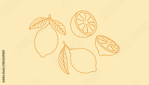 Orange outline lemons and slices on a light yellow background citrus fruit