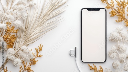 Smartphone Mockup with Flowers on White Background