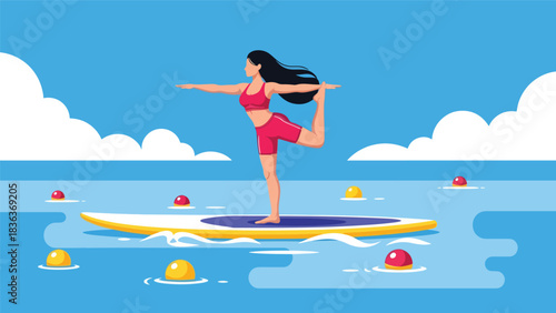 Flat vector illustration of a woman doing stand-up paddle yoga in summer ocean water with sunshine and calm waves. Ideal for wellness, fitness, and summer outdoor sports themes