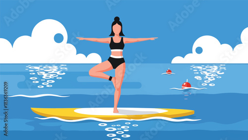 Flat vector illustration of a woman doing stand-up paddle yoga in summer ocean water with sunshine and calm waves. Ideal for wellness, fitness, and summer outdoor sports themes