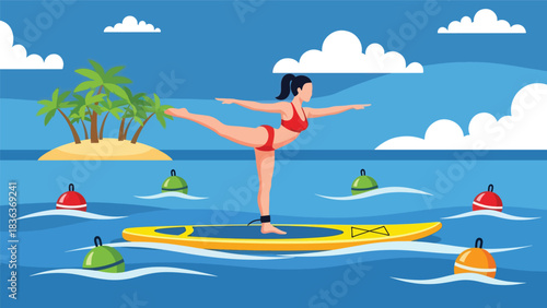Flat vector illustration of a woman doing stand-up paddle yoga in summer ocean water with sunshine and calm waves. Ideal for wellness, fitness, and summer outdoor sports themes