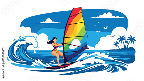 Flat style illustration of a woman windsurfing on ocean waves under bright summer sky. Perfect for sports lifestyle, adventure activities, and summer outdoor action scenes