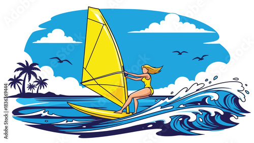 Flat style illustration of a woman windsurfing on ocean waves under bright summer sky. Perfect for sports lifestyle, adventure activities, and summer outdoor action scenes
