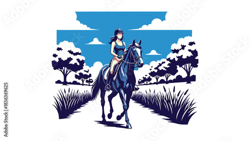 Flat vector illustration of a woman riding horse on a summer trail with grass, sunshine, and trees. Ideal for sports lifestyle, adventure, and outdoor recreation themes