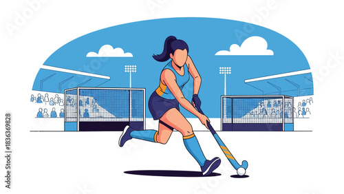 Modern flat vector illustration of a woman playing field hockey outside in summer sun. Ideal for team sports visuals, athletic movement, and outdoor fitness themes