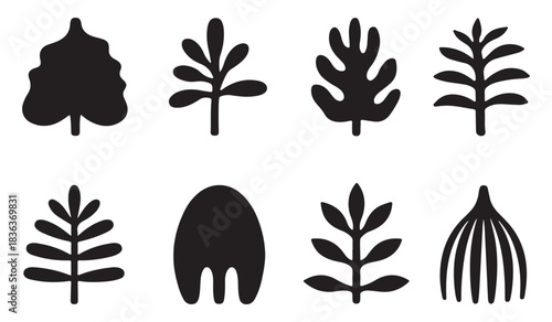  Collection of eight unique stylized botanical leaf and tree silhouettes in black and white silhouette