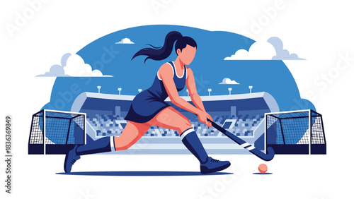 Modern flat vector illustration of a woman playing field hockey outside in summer sun. Ideal for team sports visuals, athletic movement, and outdoor fitness themes