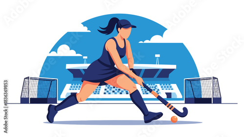 Modern flat vector illustration of a woman playing field hockey outside in summer sun. Ideal for team sports visuals, athletic movement, and outdoor fitness themes