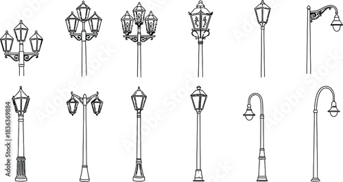 Collection of vintage street lamp designs in black and white illustration
