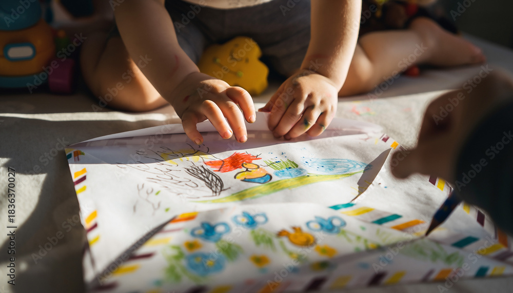 Obraz premium Little hands creating a colorful world on paper. A whimsical drawing unfolds, capturing childhood innocence and imagination. Perfect for family, art, or creative projects.