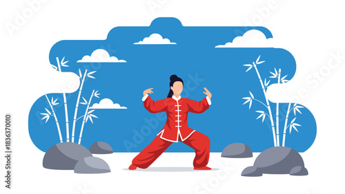 Flat vector illustration of a woman doing slow Tai Chi movements outdoors in summer garden scenery. Ideal for mindfulness, calm fitness, and soft sports themes