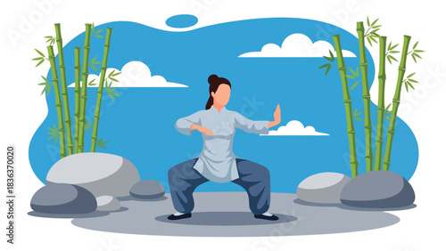 Flat vector illustration of a woman doing slow Tai Chi movements outdoors in summer garden scenery. Ideal for mindfulness, calm fitness, and soft sports themes