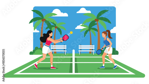 Flat modern vector illustration of a woman playing pickleball outdoors on a sunny summer court. Perfect for hobby sports, recreation, and fun fitness lifestyle content