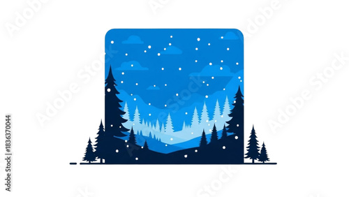Beautiful Winter Landscape with Snowfall and Pine Trees - Graphic Illustration