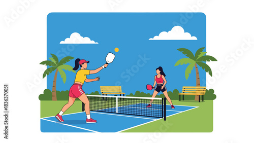 Flat modern vector illustration of a woman playing pickleball outdoors on a sunny summer court. Perfect for hobby sports, recreation, and fun fitness lifestyle content