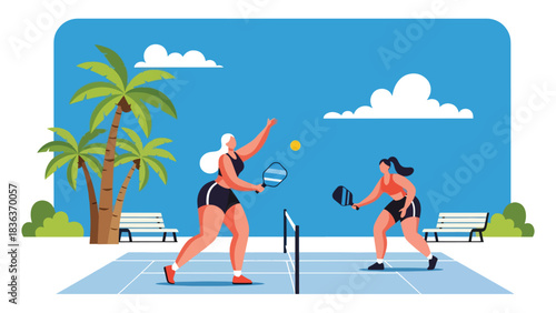 Flat modern vector illustration of a woman playing pickleball outdoors on a sunny summer court. Perfect for hobby sports, recreation, and fun fitness lifestyle content