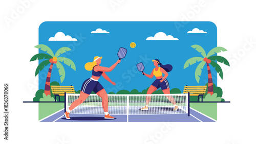 Flat modern vector illustration of a woman playing pickleball outdoors on a sunny summer court. Perfect for hobby sports, recreation, and fun fitness lifestyle content