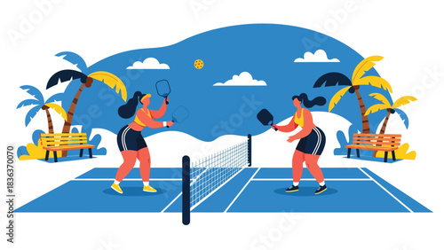 Flat modern vector illustration of a woman playing pickleball outdoors on a sunny summer court. Perfect for hobby sports, recreation, and fun fitness lifestyle content