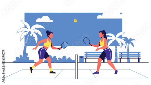 Flat modern vector illustration of a woman playing pickleball outdoors on a sunny summer court. Perfect for hobby sports, recreation, and fun fitness lifestyle content