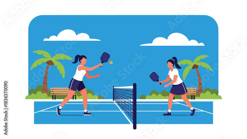 Flat modern vector illustration of a woman playing pickleball outdoors on a sunny summer court. Perfect for hobby sports, recreation, and fun fitness lifestyle content