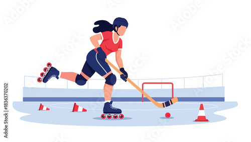 Flat vector illustration of a woman playing roller hockey outdoors in sunny summer environment. Ideal for dynamic sports lifestyle and fun outdoor recreation visuals