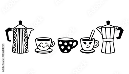Two black and white moka pots flank three cups with faces and patterns on a white background coffee maker