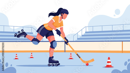 Flat vector illustration of a woman playing roller hockey outdoors in sunny summer environment. Ideal for dynamic sports lifestyle and fun outdoor recreation visuals