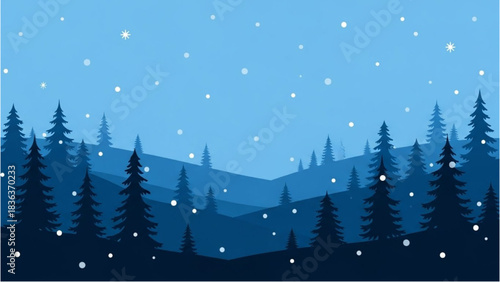 Winter Forest Background with Snowfall in Shades of Blue and Silhouette Trees