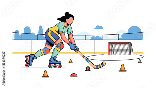 Flat vector illustration of a woman playing roller hockey outdoors in sunny summer environment. Ideal for dynamic sports lifestyle and fun outdoor recreation visuals