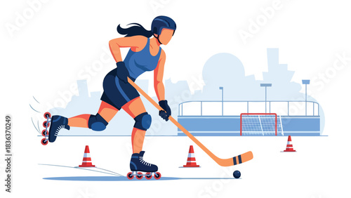 Flat vector illustration of a woman playing roller hockey outdoors in sunny summer environment. Ideal for dynamic sports lifestyle and fun outdoor recreation visuals