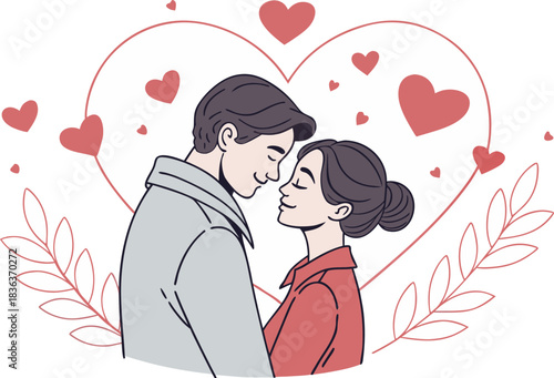 Loving couple sharing intimate moment with many red hearts design