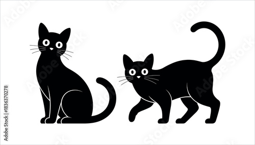 Two black cats one sitting one walking with white eyes and whiskers on a white background feline animal