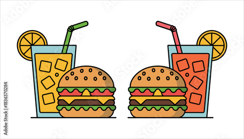 Two cartoon burgers with drinks and orange slices on white background hamburger beverage