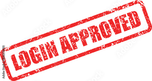 A distressed red rectangular rubber stamp shows the words login approved over white