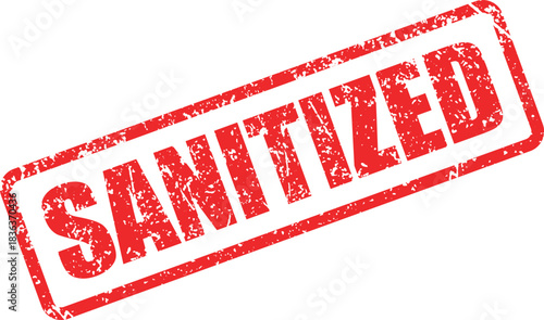 A distressed red rectangular stamp displaying the text sanitized sits on a white background