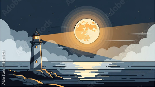 Guiding light from a coastal beacon under the luminous glow of the night's full moon