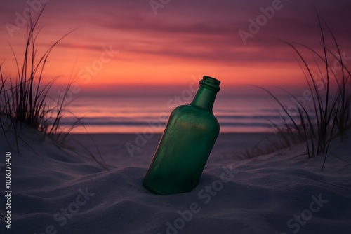 Fototapeta Naklejka Na Ścianę i Meble -  Green bottle in sand dunes at purple sunset