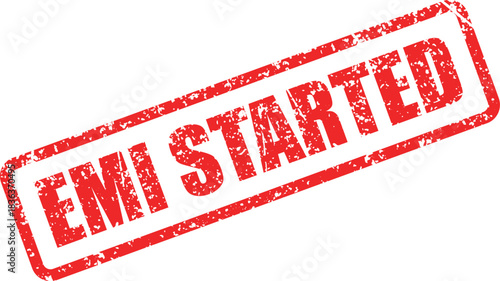 A distressed red rubber stamp indicates that the EMI has started against a white backdrop