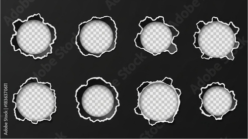 Set of Torn Paper Circles With Transparent Centers on Black Background