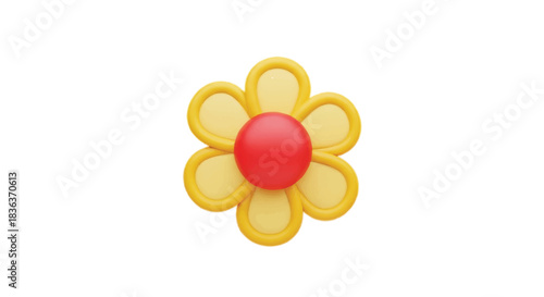Vibrant Yellow Flower with Red Center on White Background.