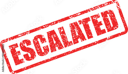 A grungy red Escalated stamp conveys urgency with a transparent background element