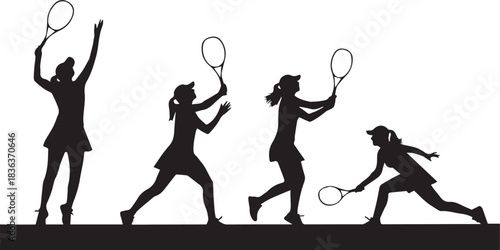 Women Tennis Action Silhouettes – Mid-Serve and Mid-Swing Black and White Poses